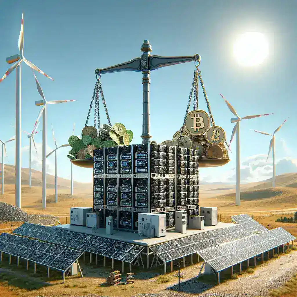 "Bitcoin mining facility utilizing renewable energy sources, showcasing solar panels and wind turbines, in response to regulatory pressure for sustainable practices."
