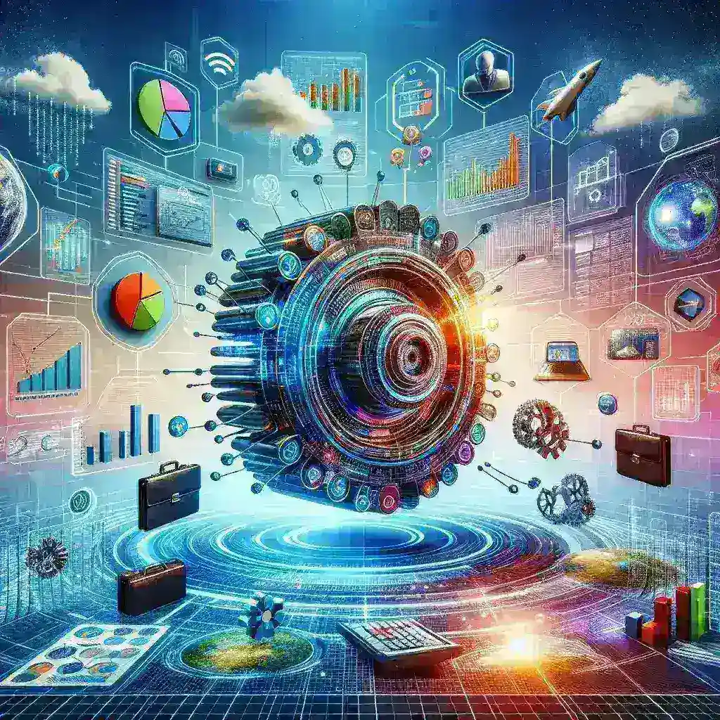 "Business professionals analyzing data and collaborating using an all-in-one business software suite for streamlined operations."