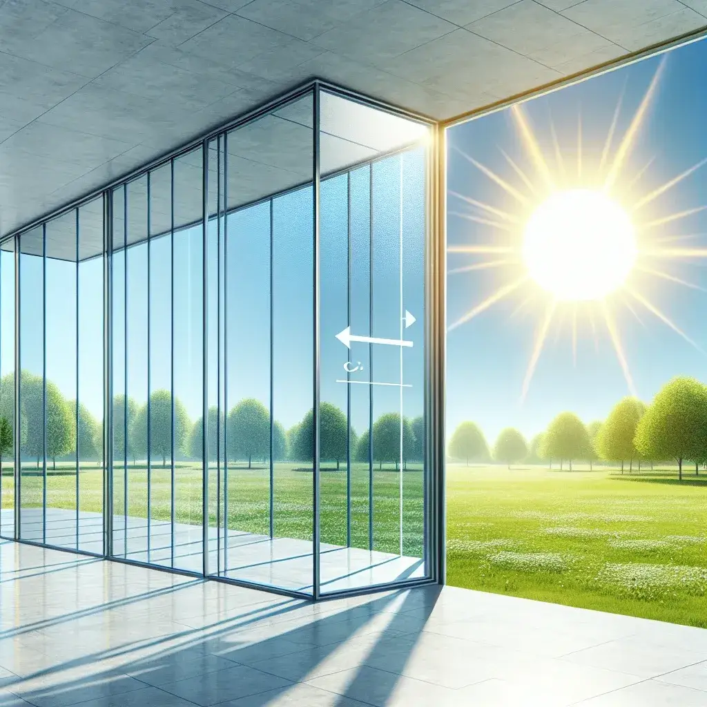 "Smart window coating that dynamically adjusts transparency based on sunlight intensity, showcasing energy efficiency and innovative design in modern architecture."
