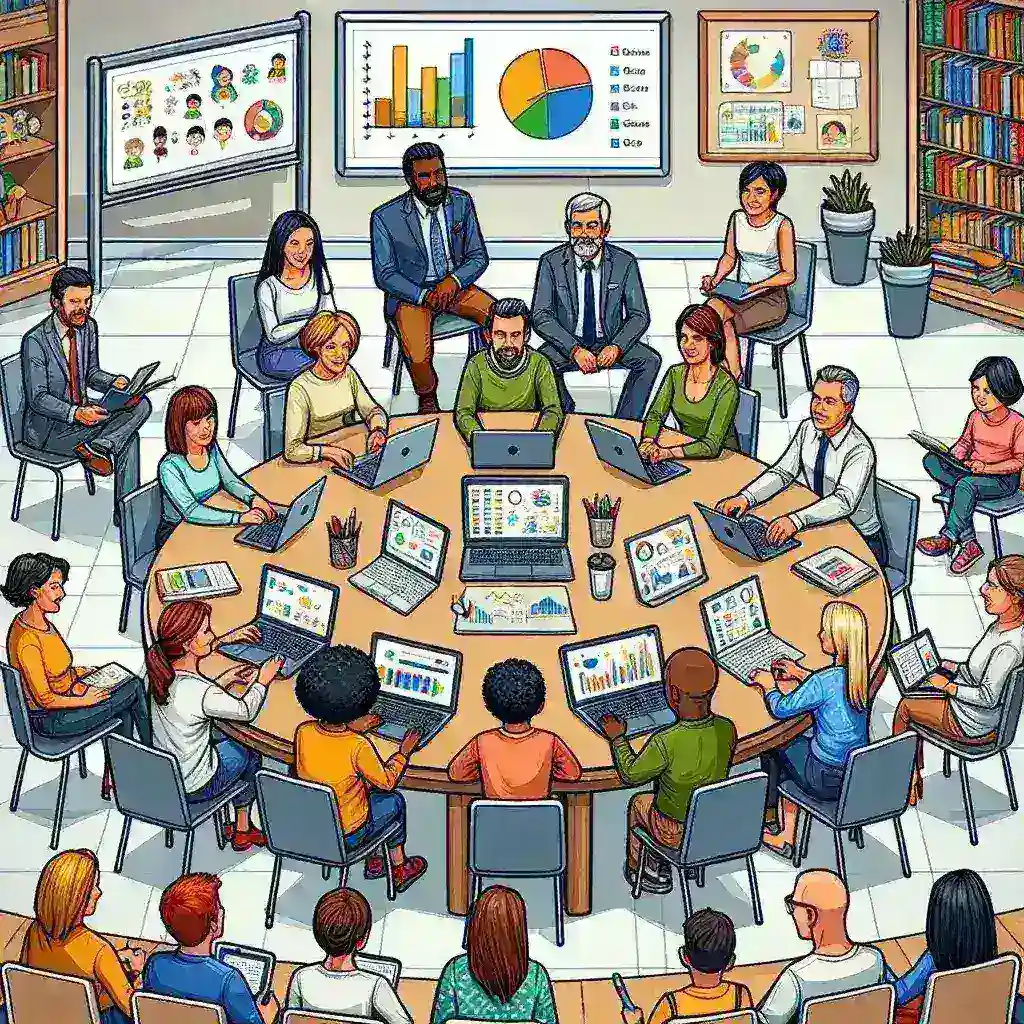 "Parent using a digital transparency dashboard to access student data in a public school setting, highlighting parental engagement and transparency in education."